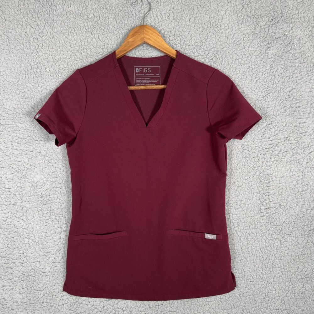 FIGS Technical Collection Scrub Top Womens XXS Red V Neck Short Sleeve Tunic